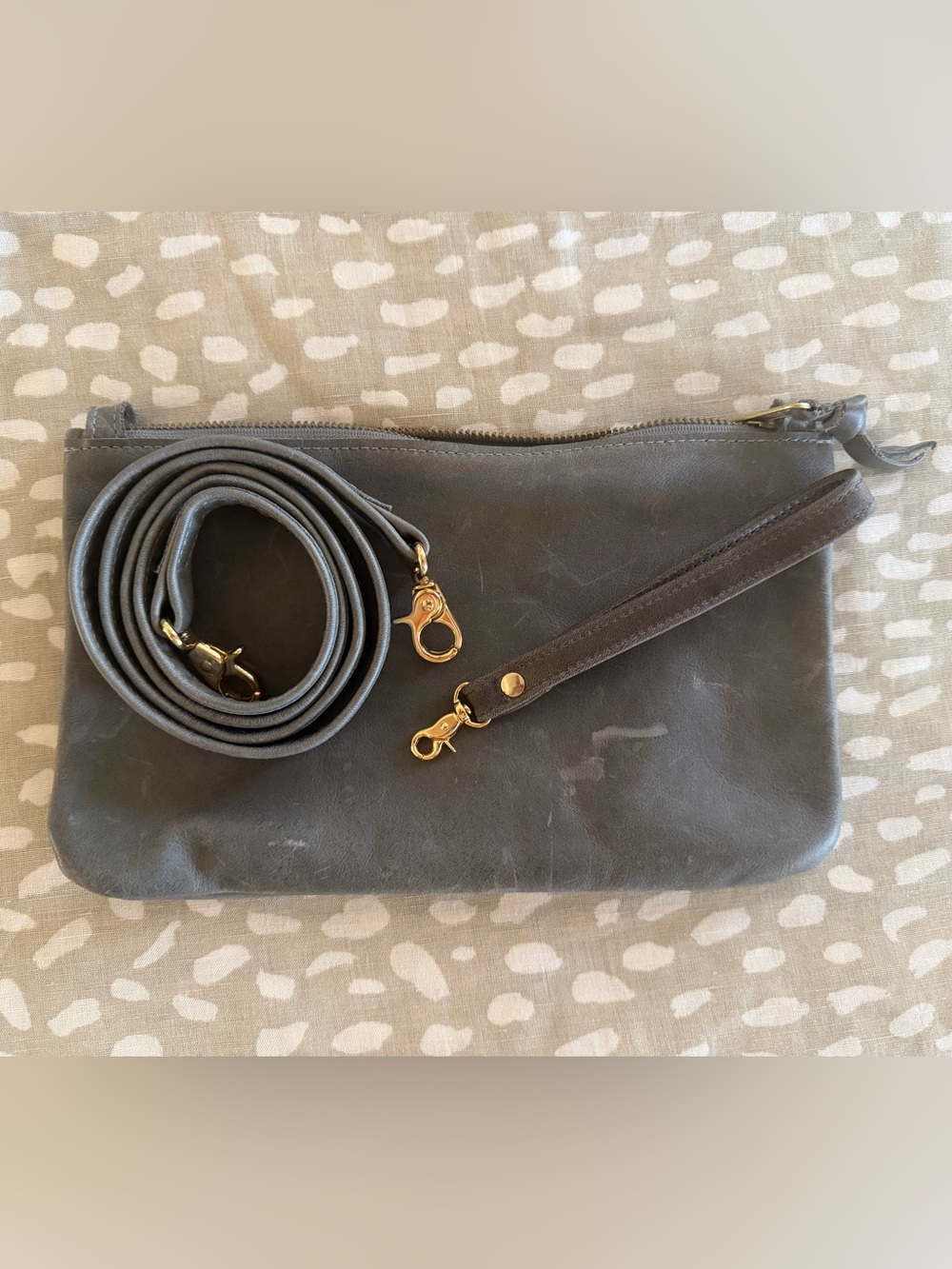 SATCHEL “Alison” Small Messenger Leather Crossbody, Gray w/Gold Hardware